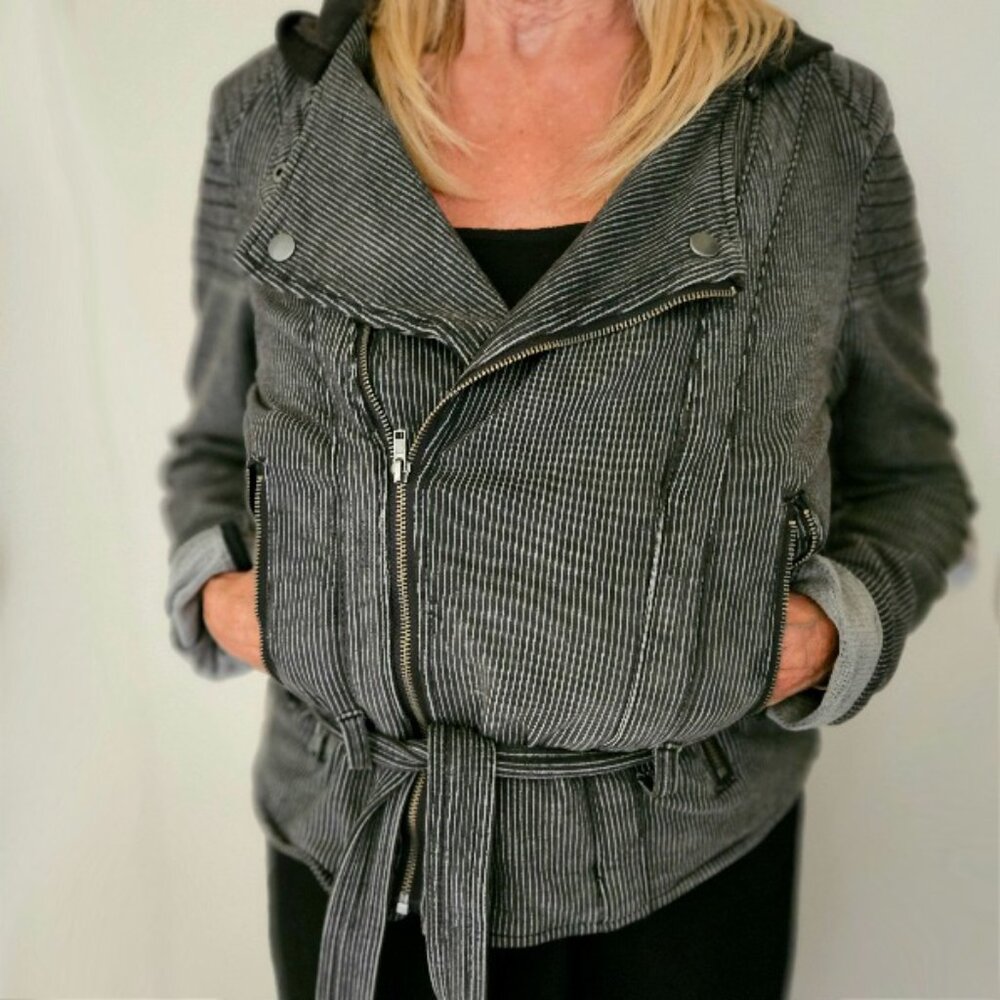 Free People Pinstripe Hooded Knit Moto Jacket Size S/P